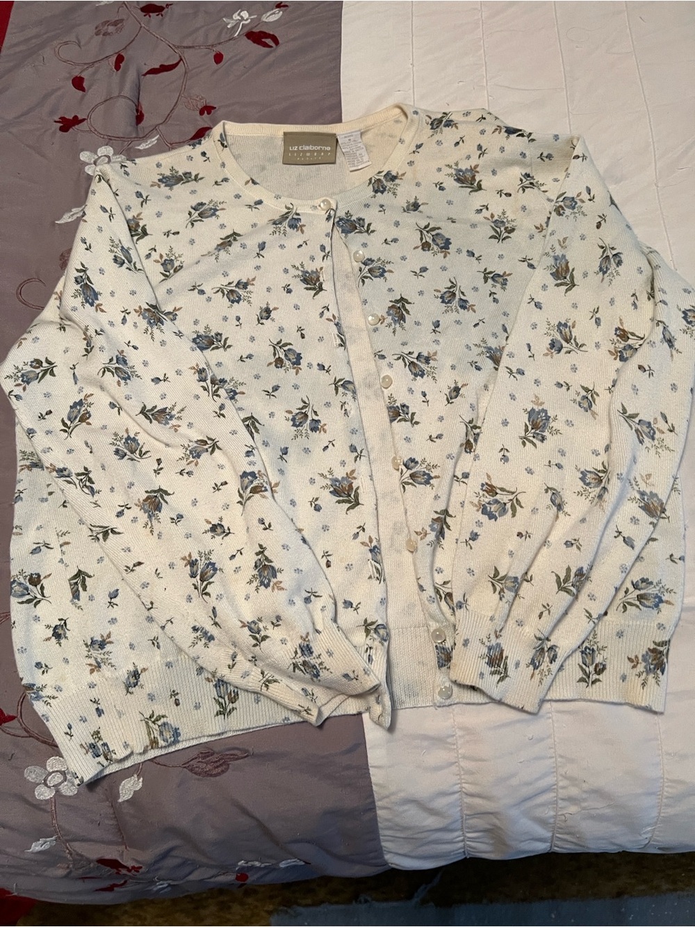 Liz Claiborne Cream Floral Button-Front Cardigan
